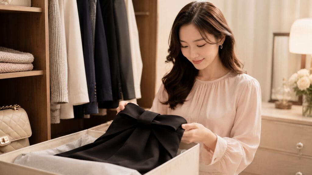 クローゼット前で黒いグログラン生地のアイテムをやさしく整えながら収納する女性