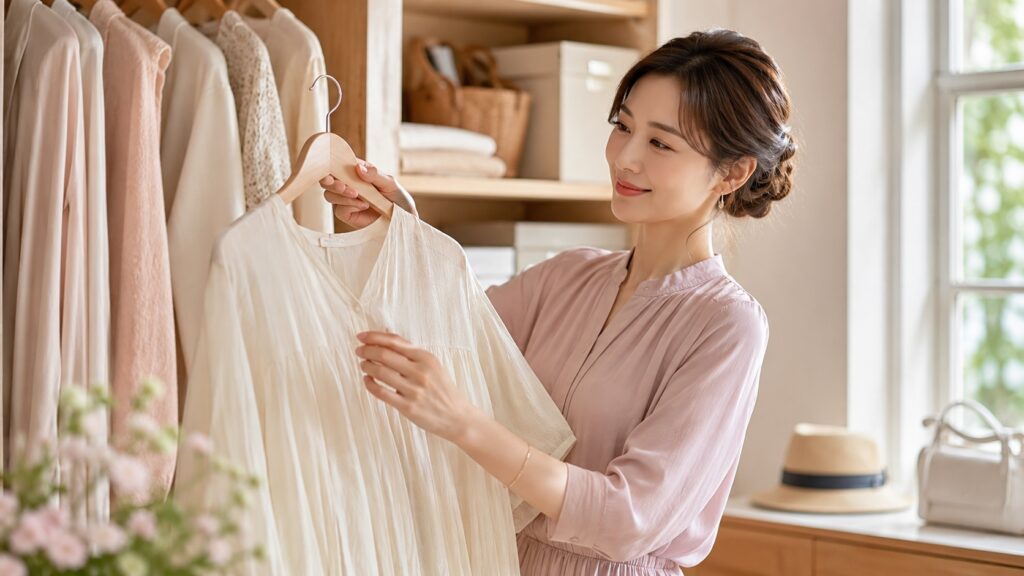 強撚糸の白いワンピースをハンガーに掛け、やさしく整えながら収納する女性