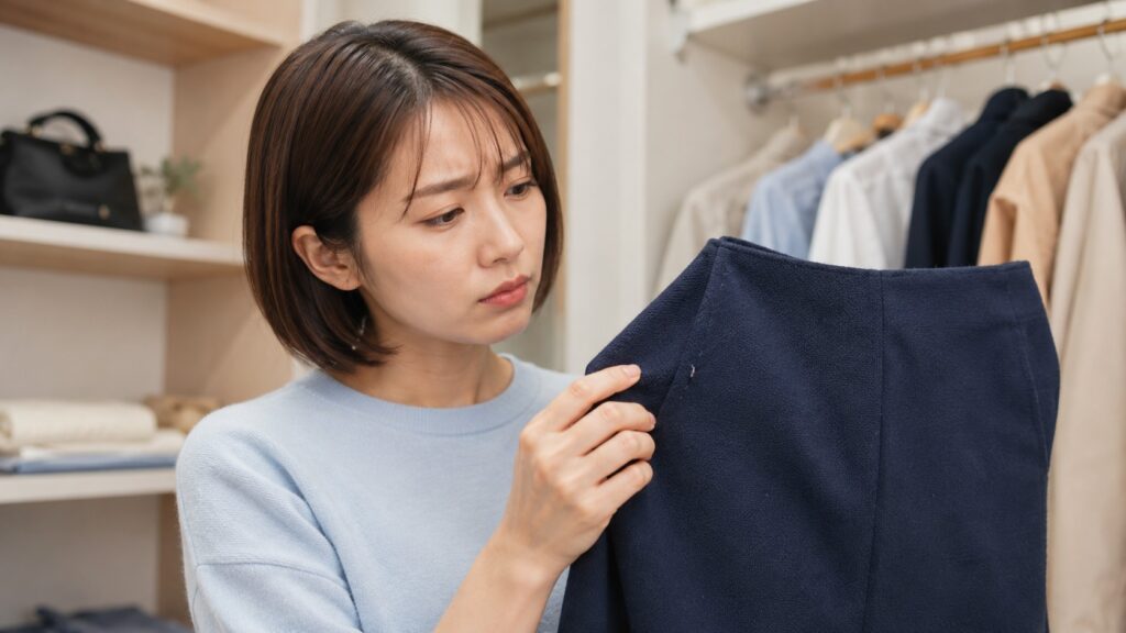 ネイビーのホップサック生地にできた糸引きや毛羽立ちを確認する女性