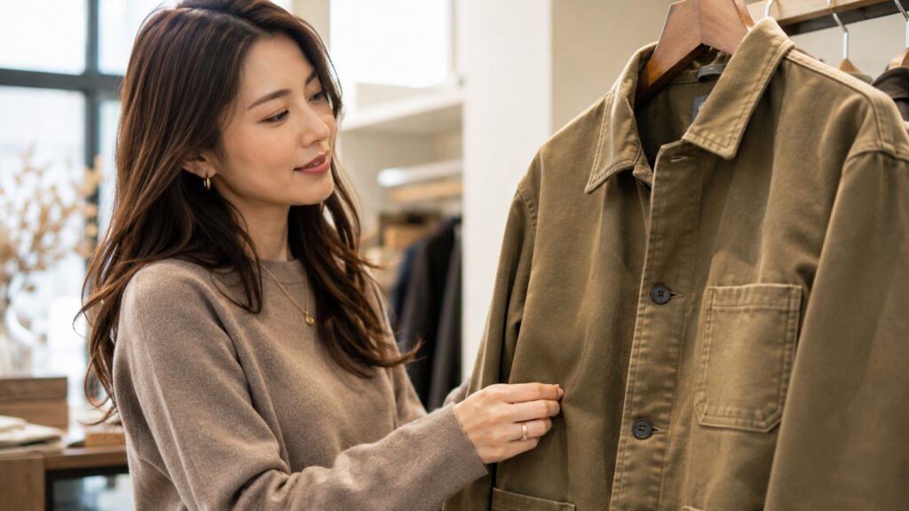 店内でカーキ色のモールスキンジャケットの滑らかな生地感を確認する女性