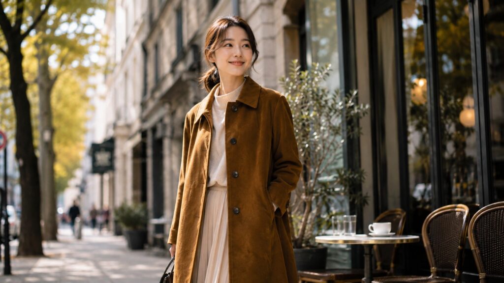 手入れされたキャメル色のモールスキンコートを着て秋の街を歩く女性