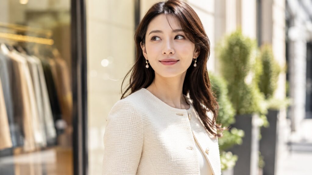 街角で立体的な凹凸のあるアイボリーのピケ生地ジャケットを着た女性