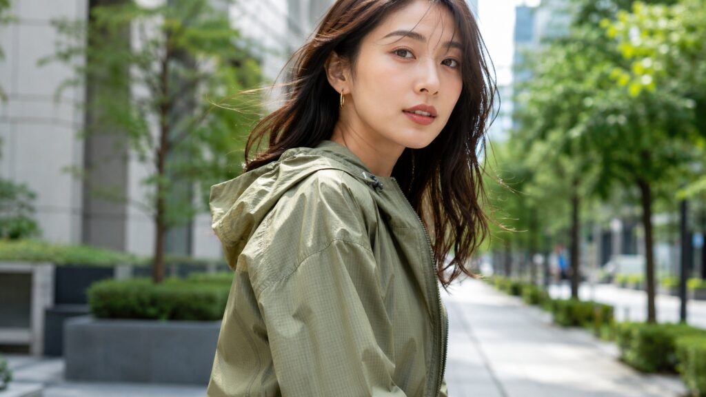 街中でリップストップ生地の軽量ジャケットを着た女性が、格子状の生地感を見せながら立っている様子