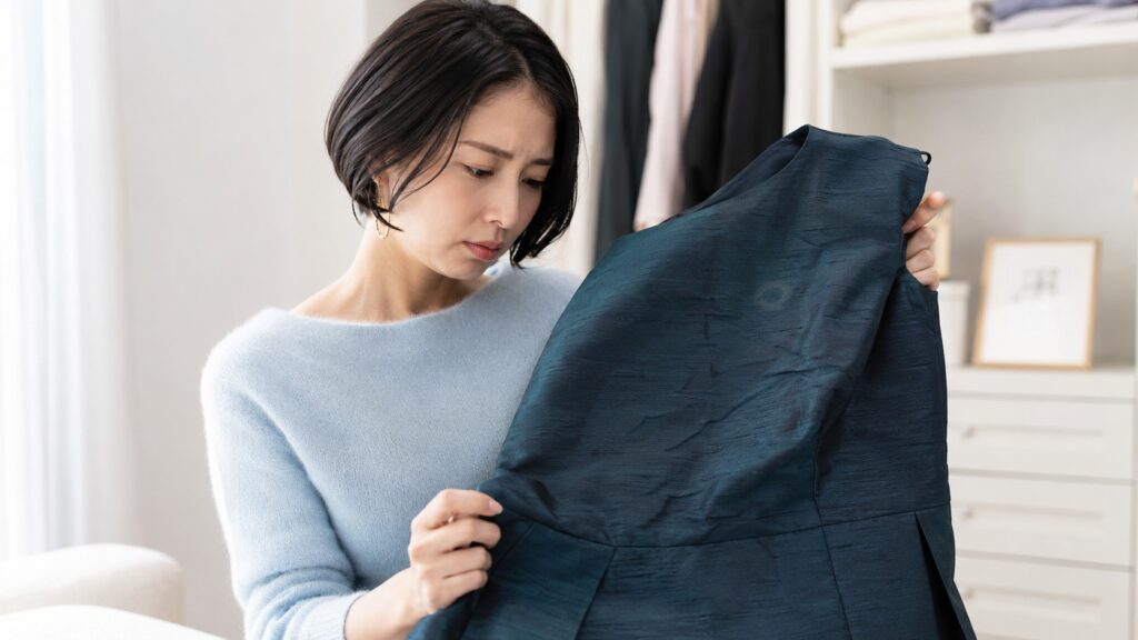 濃い青緑色のシャンタンドレスにできたシワや水ジミを確認する女性