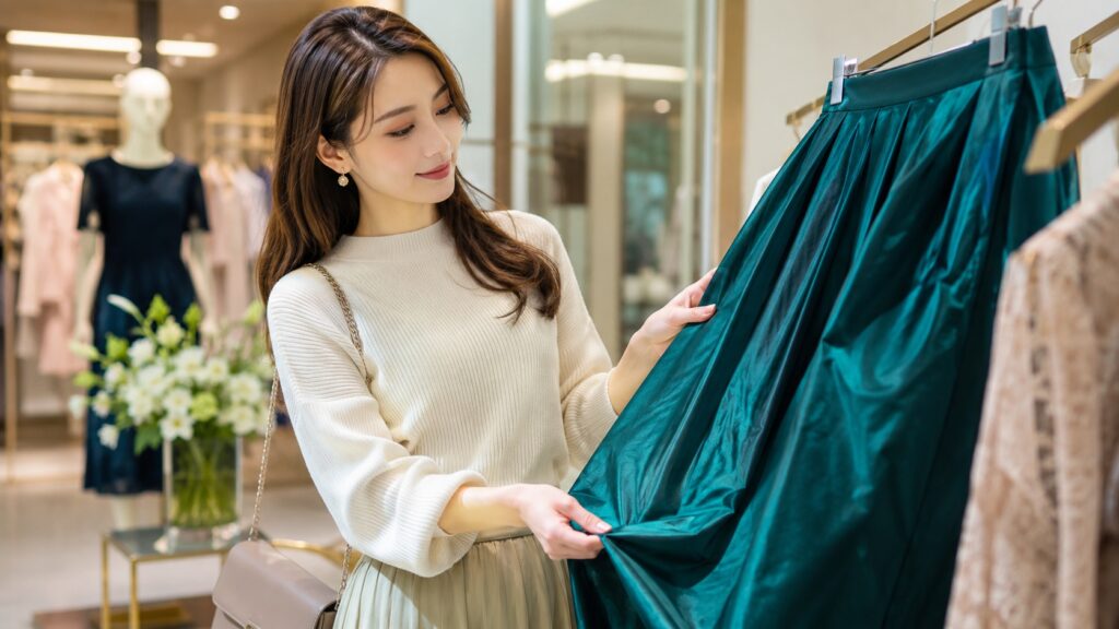 ブティックで光沢のあるグリーンのタフタスカートを手に取り、質感を確認する上品な女性