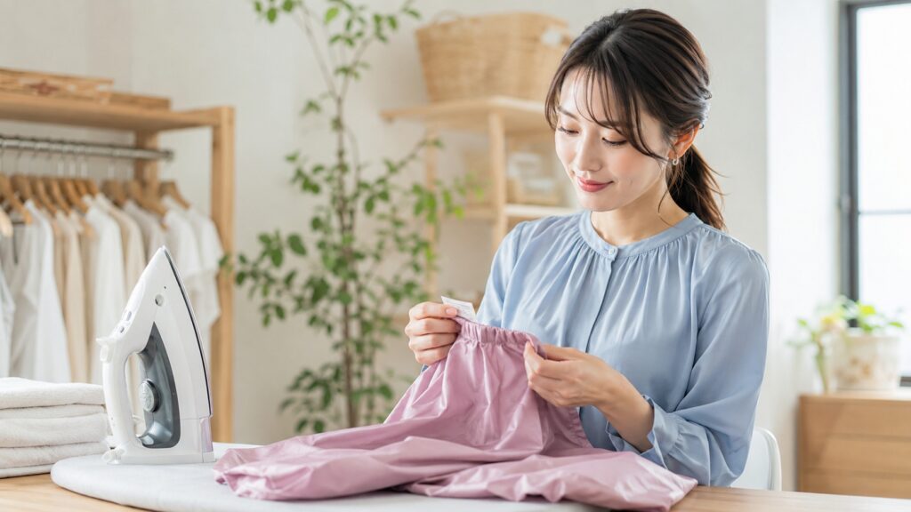 タフタ素材のピンクの服の洗濯表示を確認しながらアイロン準備をする女性