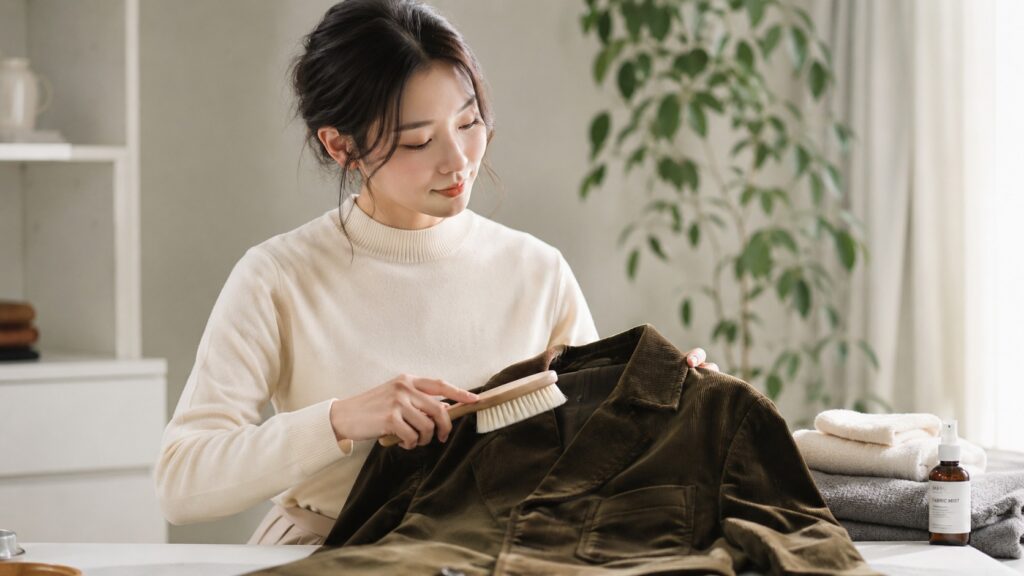 ブラウンの別珍ジャケットを洋服ブラシでやさしく手入れする女性