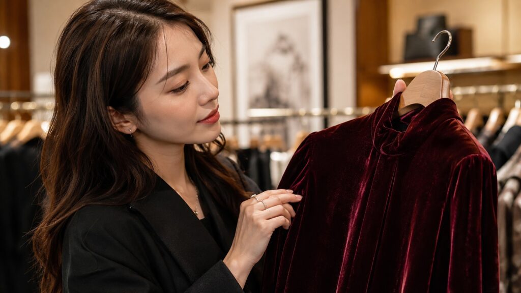 ブティックでボルドーの別珍生地の服を手に取り、短い毛羽と上品な光沢を確認する女性