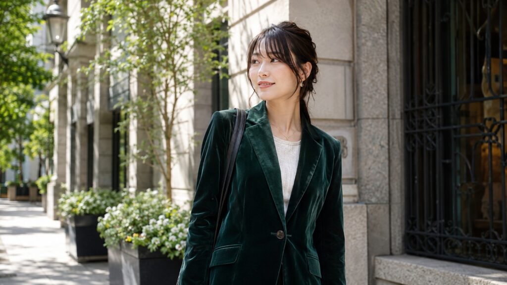 手入れされた深緑の別珍ジャケットを着て都会の街並みに立つ女性