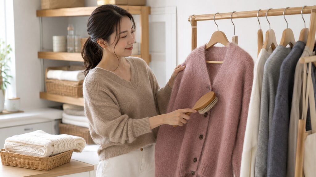 ランドリールームでピンクのアルパカカーディガンを洋服ブラシで優しくお手入れする女性