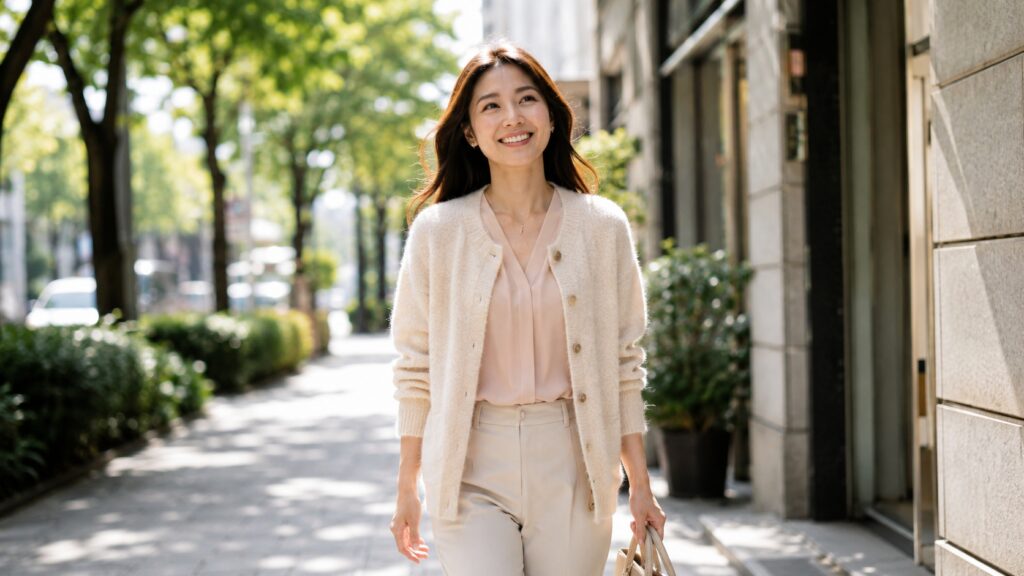 きれいに整えたアイボリーのアルパカカーディガンを着用し、明るい街中を笑顔で歩く女性