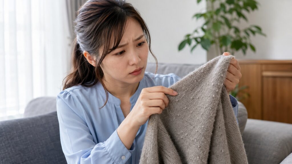 アルパカニットに生じた毛玉や毛羽立ち、繊維の乱れを確認する女性