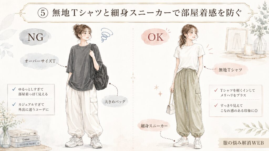 オーバーサイズTシャツのNG例と、無地Tシャツと細身スニーカーで部屋着感を防いだOK例を比較した、パラシュートパンツの着こなしイラスト。