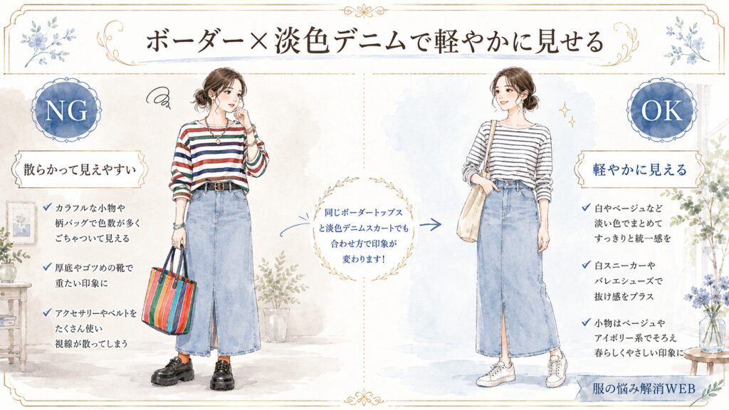 ボーダートップスと淡色デニムスカートの着こなしを、散らかって見えるNG例と軽やかなOK例で比較したイラスト。
