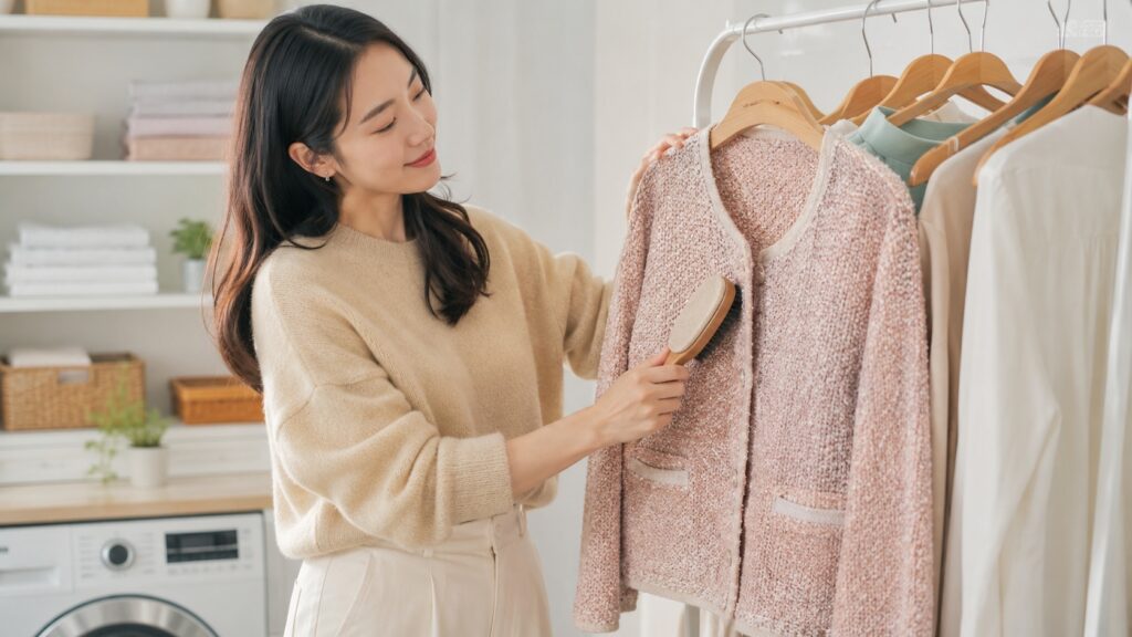 ランドリールームでピンクのブークレジャケットを洋服ブラシで優しくお手入れする女性