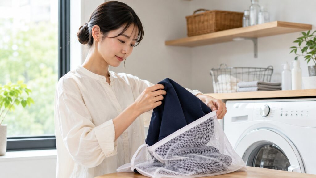 ダンボールニットを洗濯ネットに入れて丁寧にケアする女性