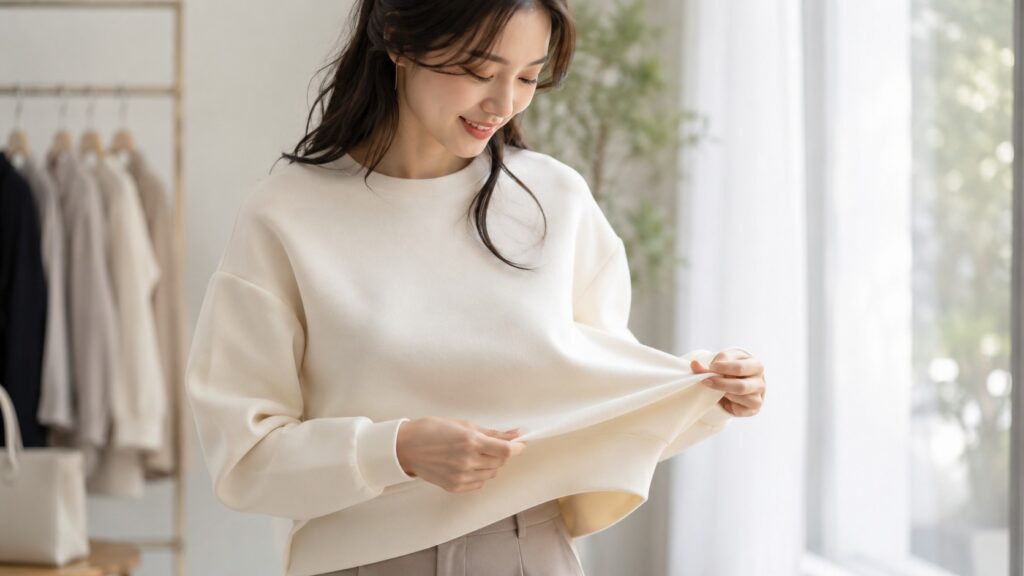 ダンボールニットのふっくら感とハリを確認する女性