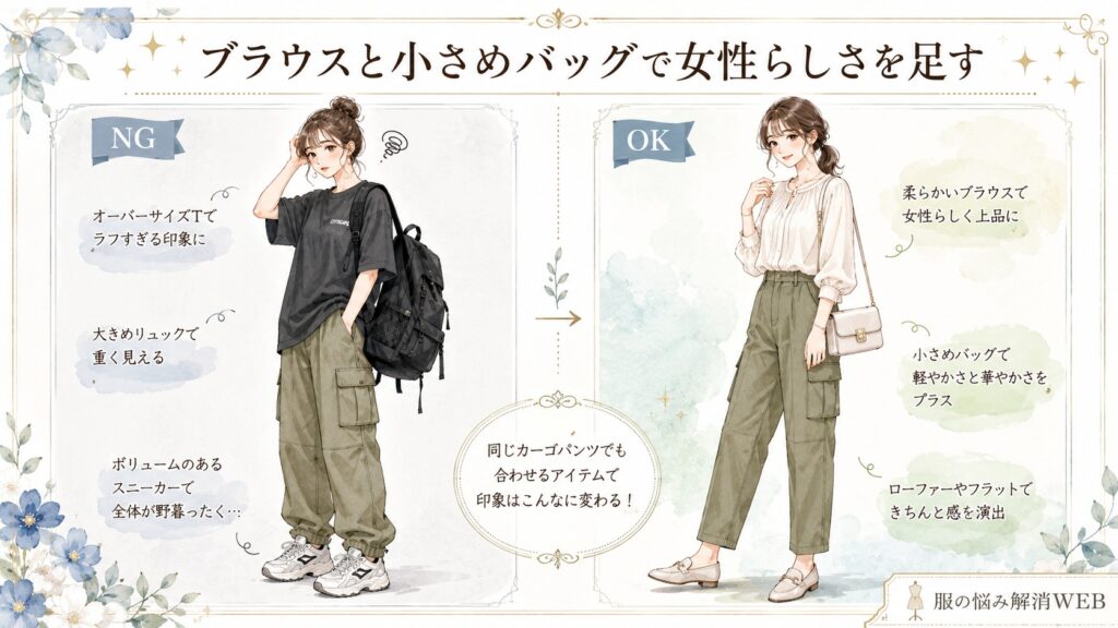 カーゴパンツのNG・OK比較イラスト。左はオーバーサイズTシャツと大きめリュック、ボリュームスニーカーでラフすぎる印象、右はブラウスと小さめバッグ、フラットシューズで女性らしく上品に整えたコーデ。