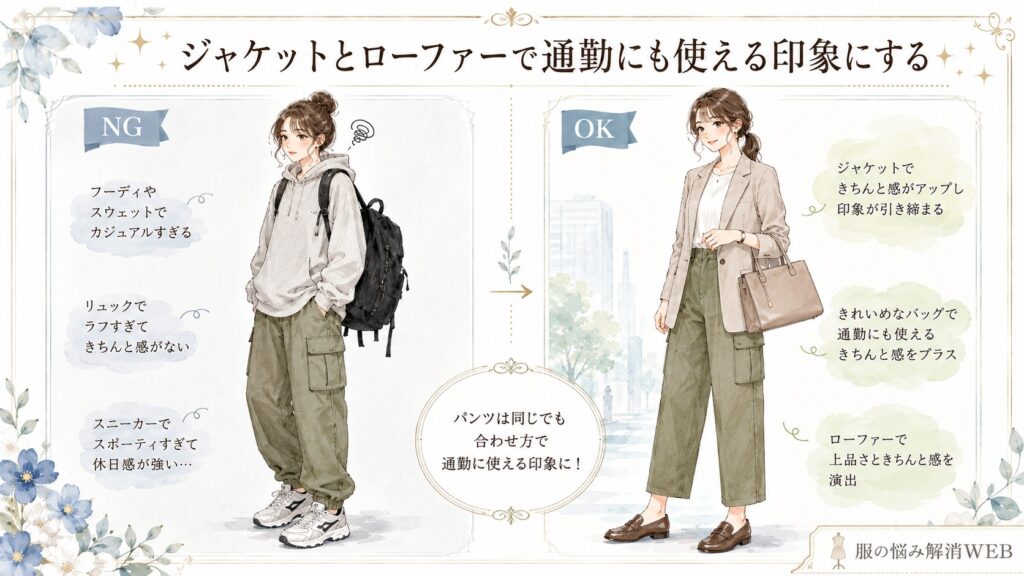 カーゴパンツのNG・OK比較イラスト。左はパーカーとリュック、スニーカーで休日感の強い着こなし、右はジャケットとローファー、きれいめバッグで通勤にも使える印象にしたコーデ。