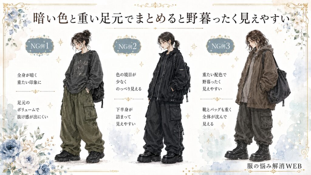 カーゴパンツの原因解説イラスト。暗い色と重い足元でまとめると野暮ったく見えやすい例として、全身を暗色でまとめ、重たい靴やバッグを合わせた悪いコーデを3例並べて紹介している画像。