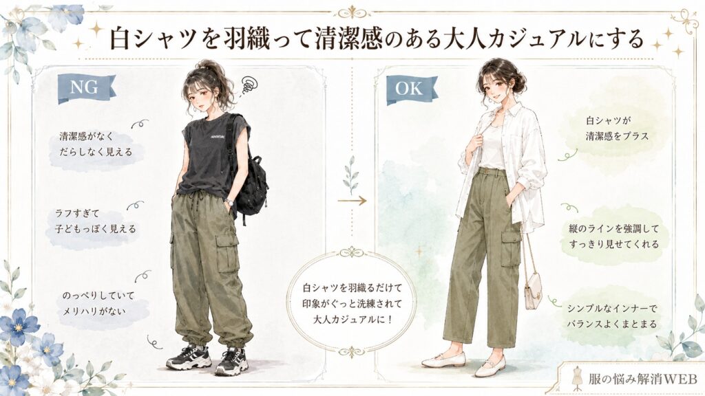 カーゴパンツのNG・OK比較イラスト。左は黒トップスとリュックでだらしなく見える着こなし、右は白シャツを羽織って清潔感のある大人カジュアルに整えたコーデ。