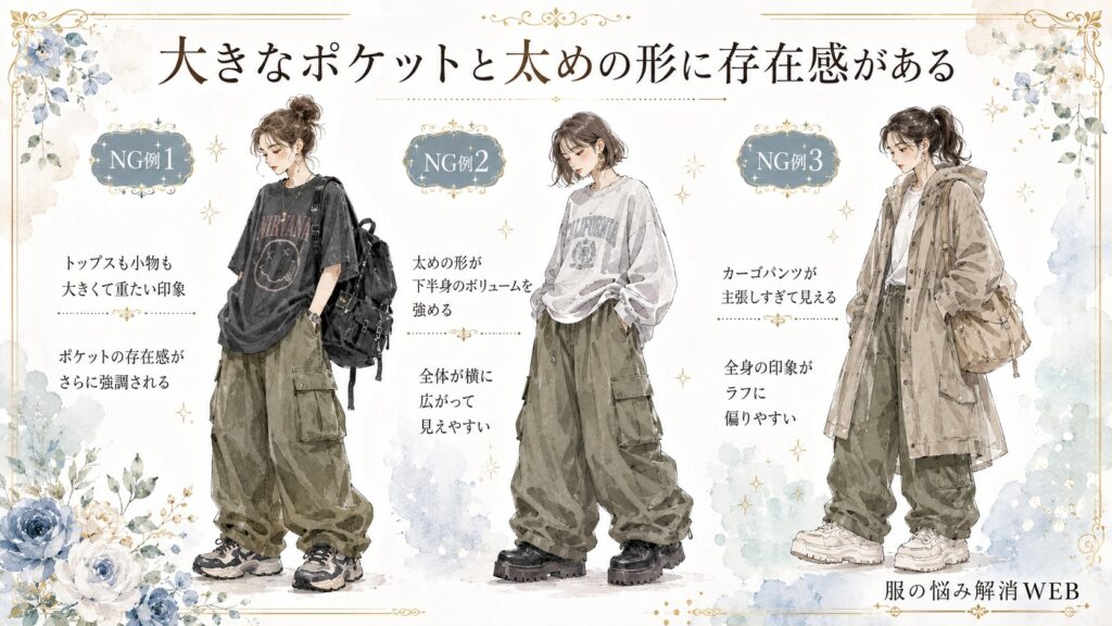 カーゴパンツの原因解説イラスト。大きなポケットと太めの形に存在感がある例として、重たいトップスや大きめバッグを合わせた悪いコーデを3例並べて紹介している画像。