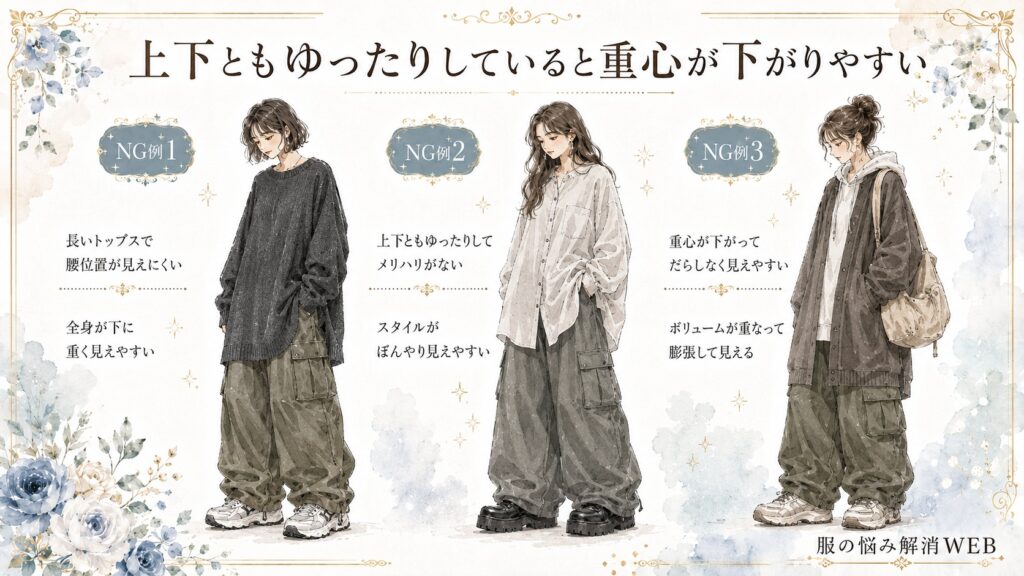 カーゴパンツの原因解説イラスト。上下ともゆったりしていて重心が下がりやすい例として、長いトップスやオーバーサイズの重ね着で全身が重く見える悪いコーデを3例並べた画像。