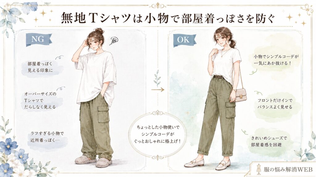 カーゴパンツのNG・OK比較イラスト。左はオーバーサイズの無地Tシャツとラフな小物で部屋着っぽく見える着こなし、右は小さめバッグやアクセサリー、きれいめシューズであか抜けた印象に整えたコーデ。