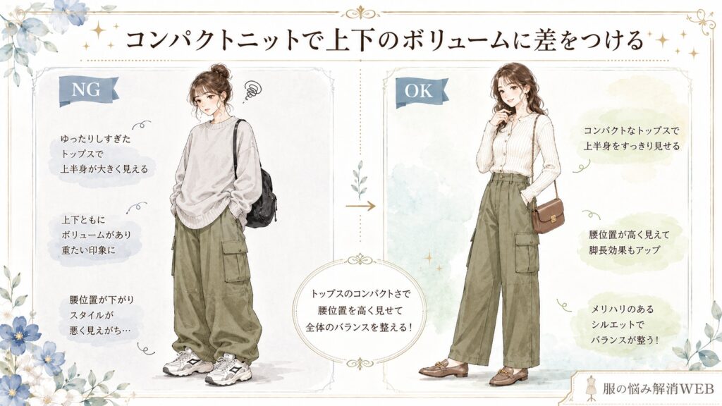 カーゴパンツのNG・OK比較イラスト。左はゆったりしすぎたトップスで重たく見えるコーデ、右はコンパクトニットと小さめバッグで上下のバランスを整えたすっきりコーデ。