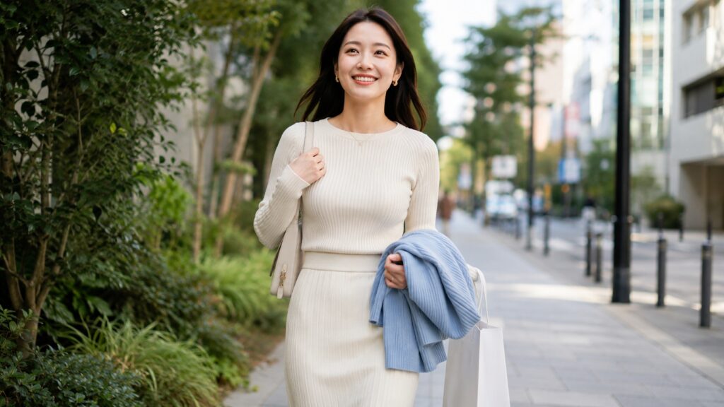 きれいにお手入れされたアイボリーのテレコ生地セットアップを着て、街中を笑顔で歩く女性