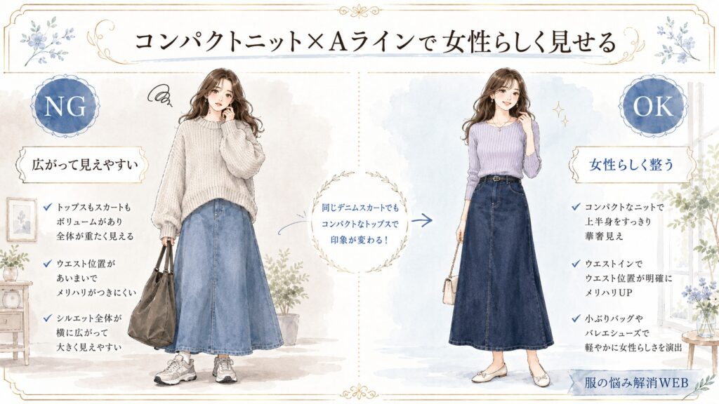 コンパクトニットとAラインのデニムスカートの合わせ方を、NG例とOK例で比較したやさしい水彩タッチのイラスト。