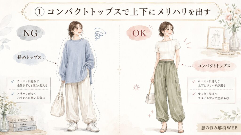 長めトップスのNG例と、コンパクトトップスで上下にメリハリを出したOK例を比較した、パラシュートパンツの着こなしイラスト。