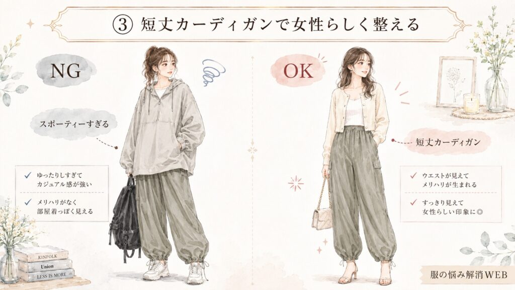 スポーティーすぎるNG例と、短丈カーディガンで女性らしく整えたOK例を比較した、パラシュートパンツの着こなしイラスト。