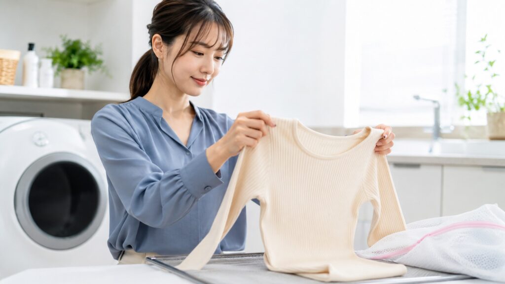 洗濯ネットの横でフライス生地のトップスをやさしく整える女性
