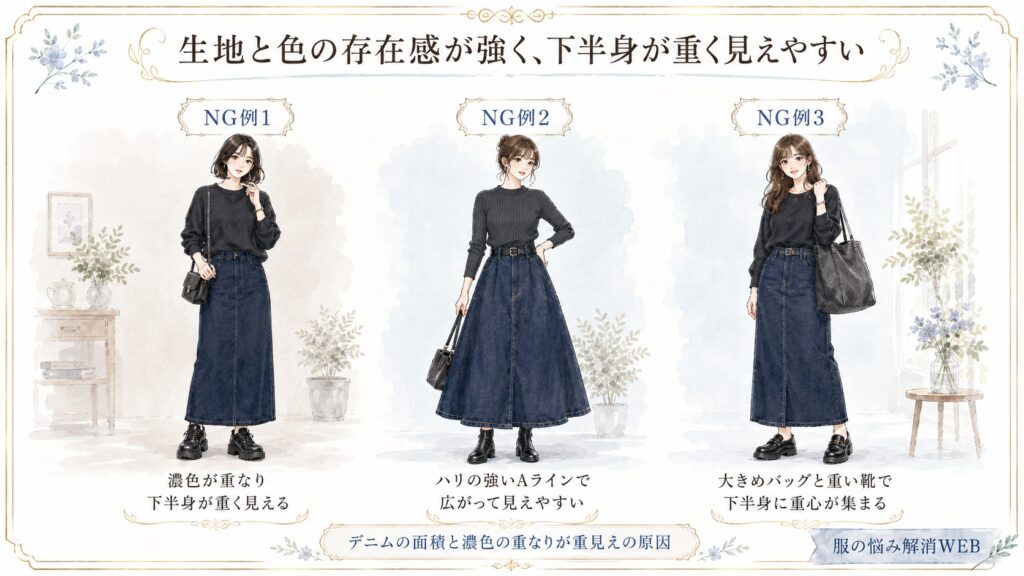 濃色のデニムスカートや重い靴、大きめバッグによって下半身が重く見えやすい3つのNGコーデ例。