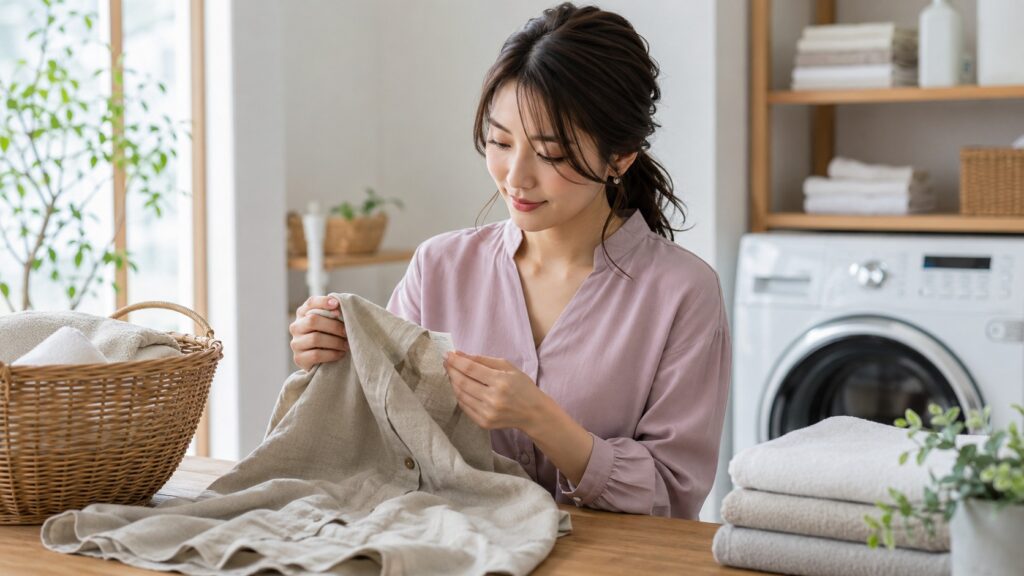 ヘンプ素材の衣類を手に取り、洗濯表示を確認する女性