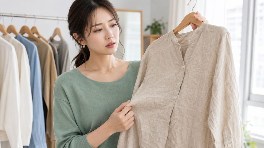 シワが出たヘンプ素材のシャツを見つめ、状態を確認する女性