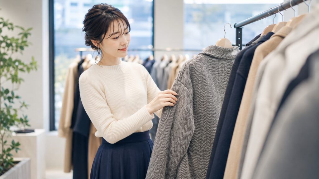 アパレルショップでグレーのヘリンボーン生地のコートを手に取り、織り柄や質感を確認する女性