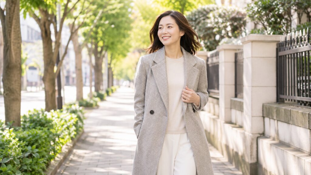 きれいに整えたヘリンボーンコートを着用し、明るい並木道を笑顔で歩く女性