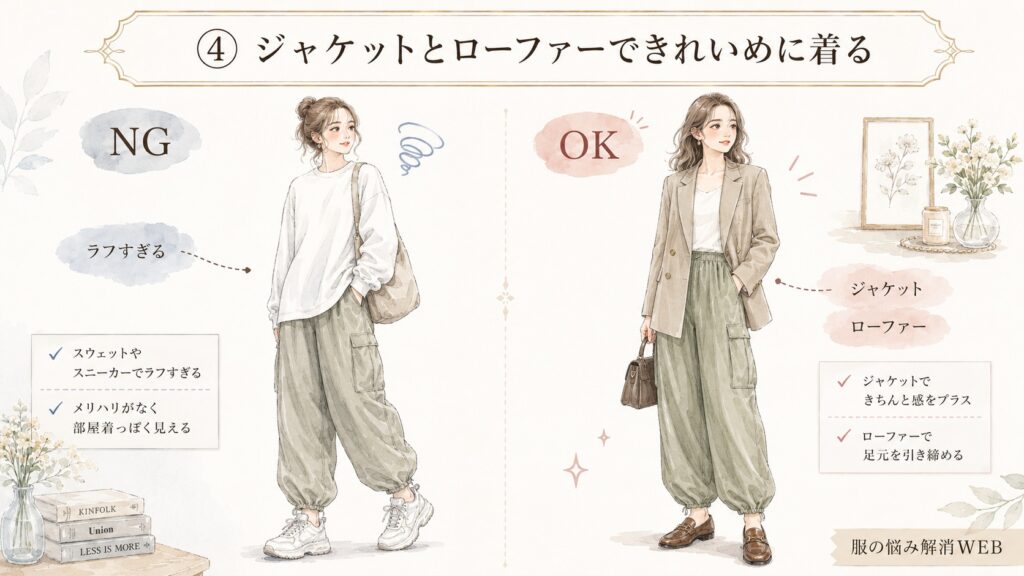 ラフすぎるNG例と、ジャケットとローファーできれいめに着たOK例を比較した、パラシュートパンツの着こなしイラスト。