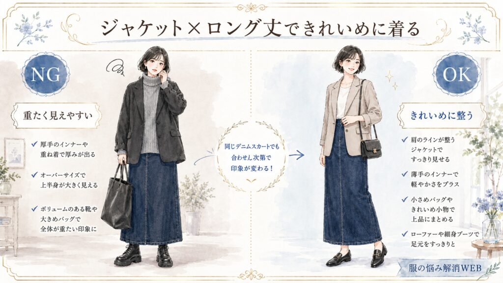 ジャケットとロング丈デニムスカートのきれいめコーデを、重たく見えるNG例と整ったOK例で比較したイラスト。