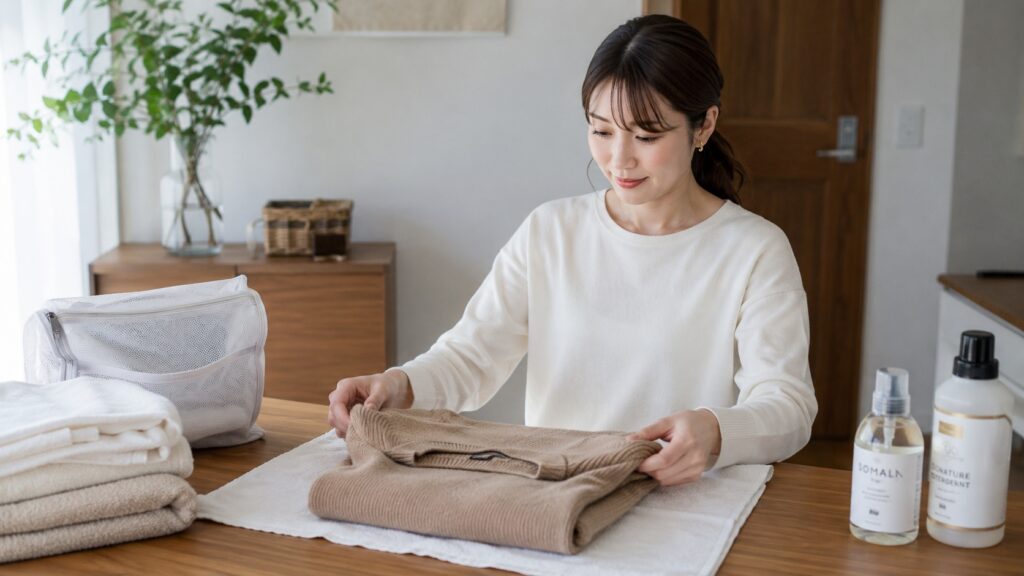 白いトップスを着た女性が、木のテーブルの上でベージュのラムウールニットを丁寧にたたみ、お手入れの準備をしている様子。
