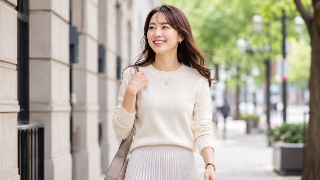 明るい街並みの中で、白いニットと淡いプリーツスカートを着た女性が笑顔で歩いている様子。