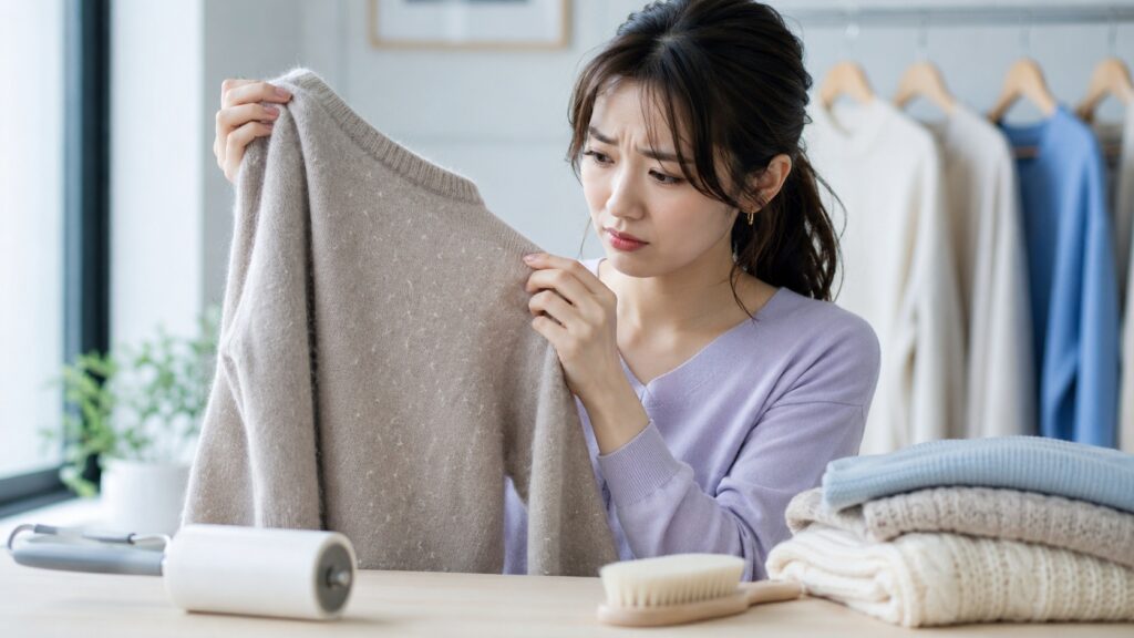 薄紫のトップスを着た女性が、毛羽立ちや傷みのあるベージュのウールニットを見つめ、状態を気にしている様子。