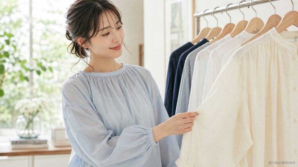 淡いブルーのブラウスを着た女性が、明るい室内で白いローン生地のブラウスを確認している様子