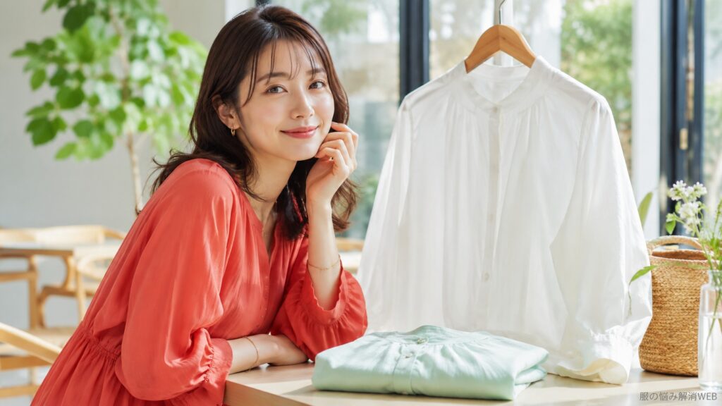 オレンジ系の服を着た女性が、白いローン生地のブラウスと淡いミント色の服を並べて明るい室内で微笑んでいる様子