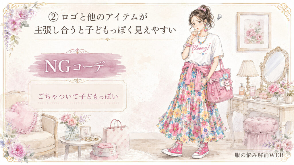 ロゴTにカラフルな花柄スカートやピンクのバッグ、アクセサリーを合わせ、アイテム同士が主張し合って子どもっぽく見えるNGコーデを紹介する水彩イラスト。