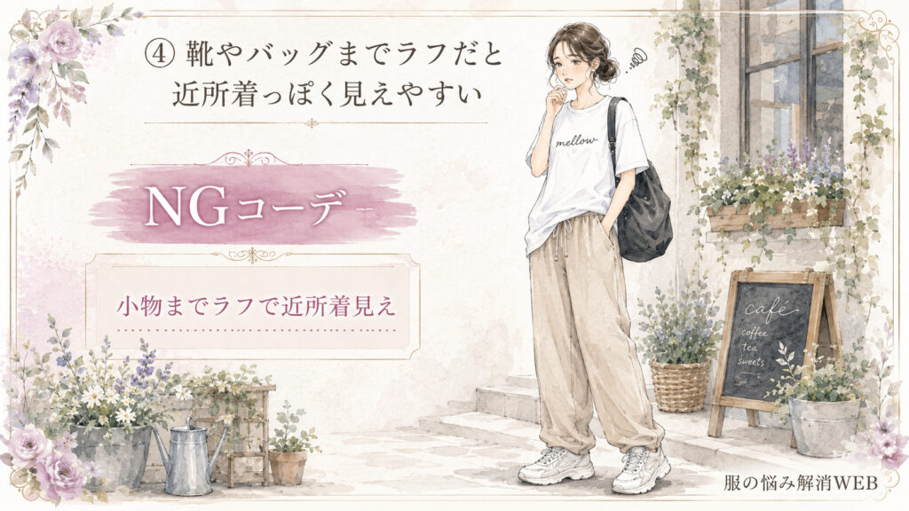 ロゴTとゆったりしたパンツにスポーティーなスニーカーとカジュアルなバッグを合わせ、小物までラフで近所着っぽく見えるNGコーデを紹介する水彩イラスト。