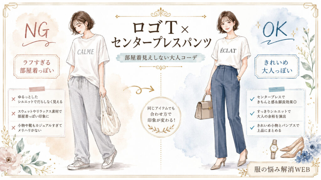 ロゴTとセンタープレスパンツのNG・OKコーデを比較した、上品な水彩イラスト風の解説画像。左はラフで部屋着っぽい着こなし、右はきれいめで大人っぽい着こなしを紹介している。