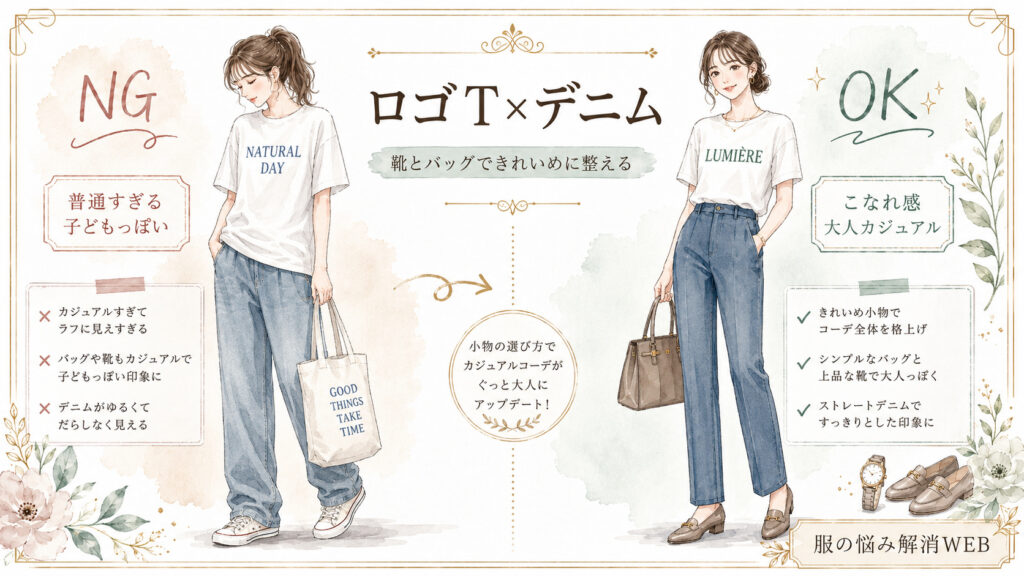 ロゴTとデニムのNG・OKコーデを比較した、上品な水彩イラスト風の解説画像。左は普通すぎて子どもっぽく見える着こなし、右は靴とバッグできれいめに整えた大人カジュアルの着こなしを紹介している。